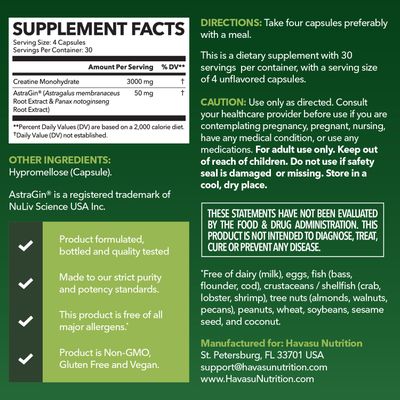 Micronized Creatine Monohydrate Capsules with AstraGin - Supports Muscle Strength, Energy, and Recovery - 120 Count - Enhanced Absorption Formula - 3g Per Serving - Vegan and Non-GMO - Month Supply