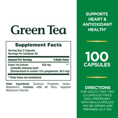 Natures Bounty Green Tea Pills and Herbal Health Supplement, Supports Heart and Antioxidant Health, 315mg, 100 Capsules