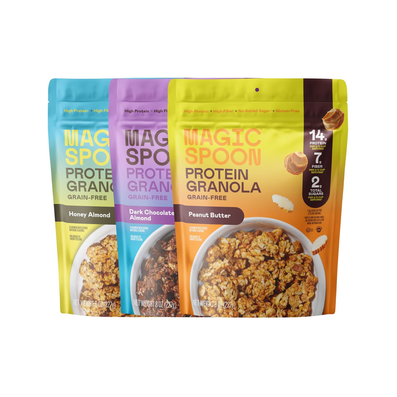 Magic Spoon Protein Granola - High Protein Granola, Keto Friendly, Low Sugar, Grain Free, Healthy Breakfast or Quick Snack 1 bag of each: Honey Almond, Dark Chocolate Almond, Peanut Butter
