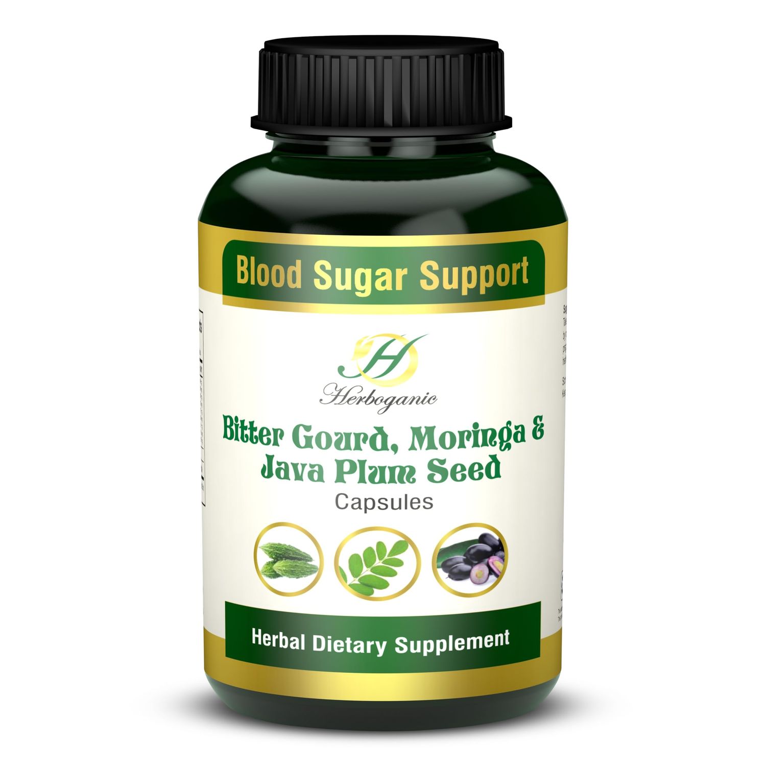 HERBOGANIC Bitter Gourd Moringa and Java Plum Seed Capsules 500mg All Natural Detoxification 60 Capsules
