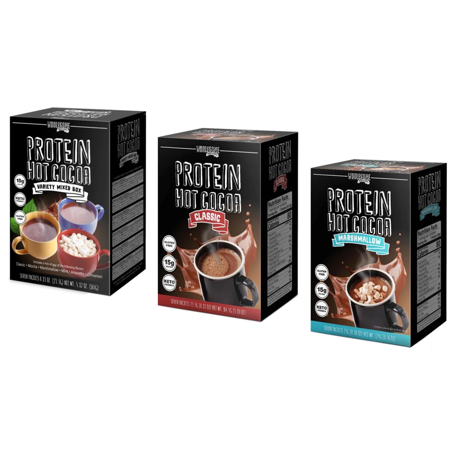 Protein Hot Chocolate, Keto Hot Chocolate Mix, Low Carb Hot Cocoa, 15g Protein, 2g-4g Net Carbs, Low in Sugar, Instant Hot Coco, Multi-Flavors, Variety 3 Pack Bundle