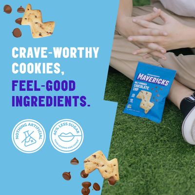 Mavericks Chocolate Chip Bolt Cookies - Vegan Friendly Chocolate Chip Cookies, Healthy, Dairy Free, Plant Based Snack for Kids, Nut Free, 40 Less Sugar - 2 Boxes 16 Pouches