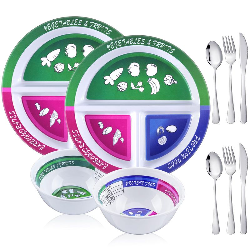 Singhoow 4 Pcs Portion Control Plate Bowls Set with 6 Pcs Stainless Steel Silverware 8.5 Inch Bariatric for Portion Control Divided Plate Diet Bowl for Weight Loss Balanced Eating Adult