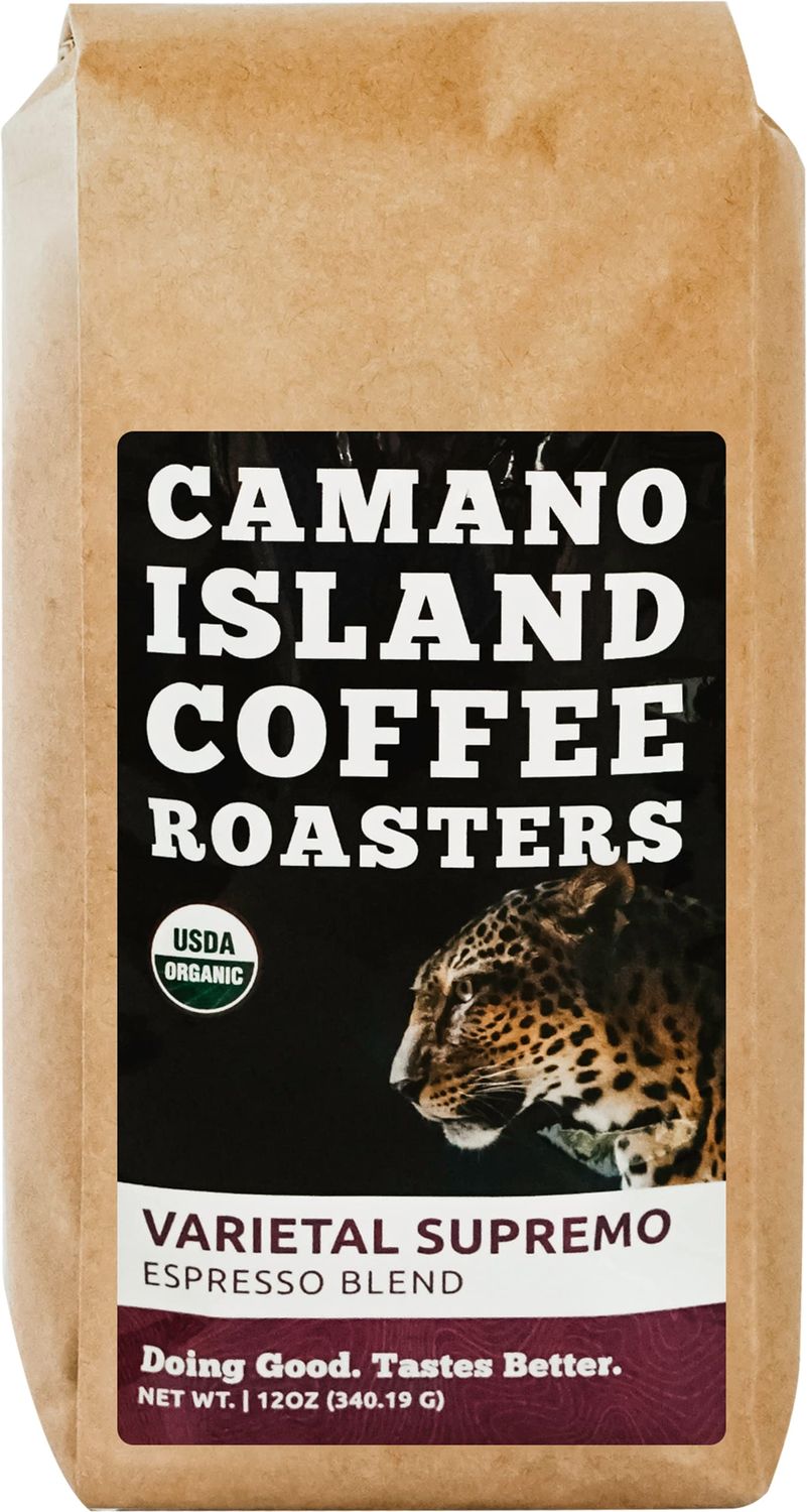 Camano Island Coffee Roasters Varietal Supremo Espresso Blend, Ground 12oz, Fresh Dark Roast, USDA Organic, Fairly Traded, Shade Grown Arabica, Chocolate, Caramel, Hint of Spice Flavor Profile
