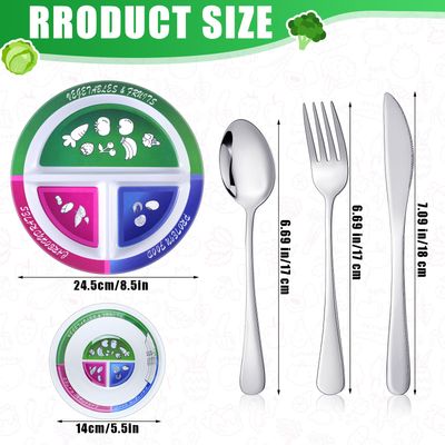 Singhoow 4 Pcs Portion Control Plate Bowls Set with 6 Pcs Stainless Steel Silverware 8.5 Inch Bariatric for Portion Control Divided Plate Diet Bowl for Weight Loss Balanced Eating Adult