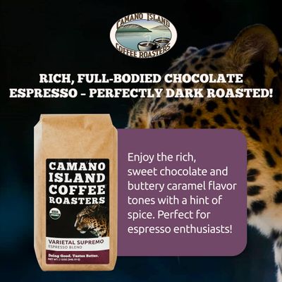Camano Island Coffee Roasters Varietal Supremo Espresso Blend, Ground 12oz, Fresh Dark Roast, USDA Organic, Fairly Traded, Shade Grown Arabica, Chocolate, Caramel, Hint of Spice Flavor Profile