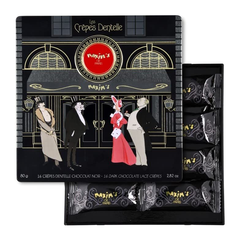 Maxims De Paris - Dark Chocolate Covered Crispy Crepe Cookies Individually Wrapped in Elegant Collectible Black Tin Box, 16 pieces