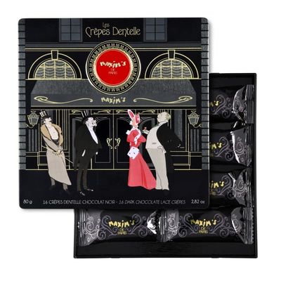 Maxims De Paris - Dark Chocolate Covered Crispy Crepe Cookies Individually Wrapped in Elegant Collectible Black Tin Box, 16 pieces