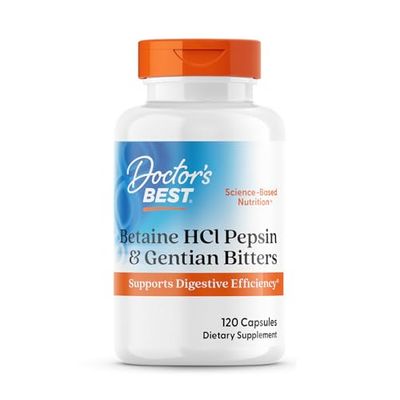 Doctors Best Betaine HCI Pepsin Gentian Bitters, Digestive Enzymes for Protein Breakdown Absorption, Non-GMO, Gluten Free, 120 Caps, Original Version