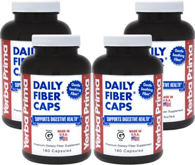 Yerba Prima Daily Fiber Caps - 180 Capsules, Pack of 4 - Soluble Insoluble Dietary Fiber Supplement - Colon Cleanse - Gut Health - Vegan, Non-GMO, Gluten-Free