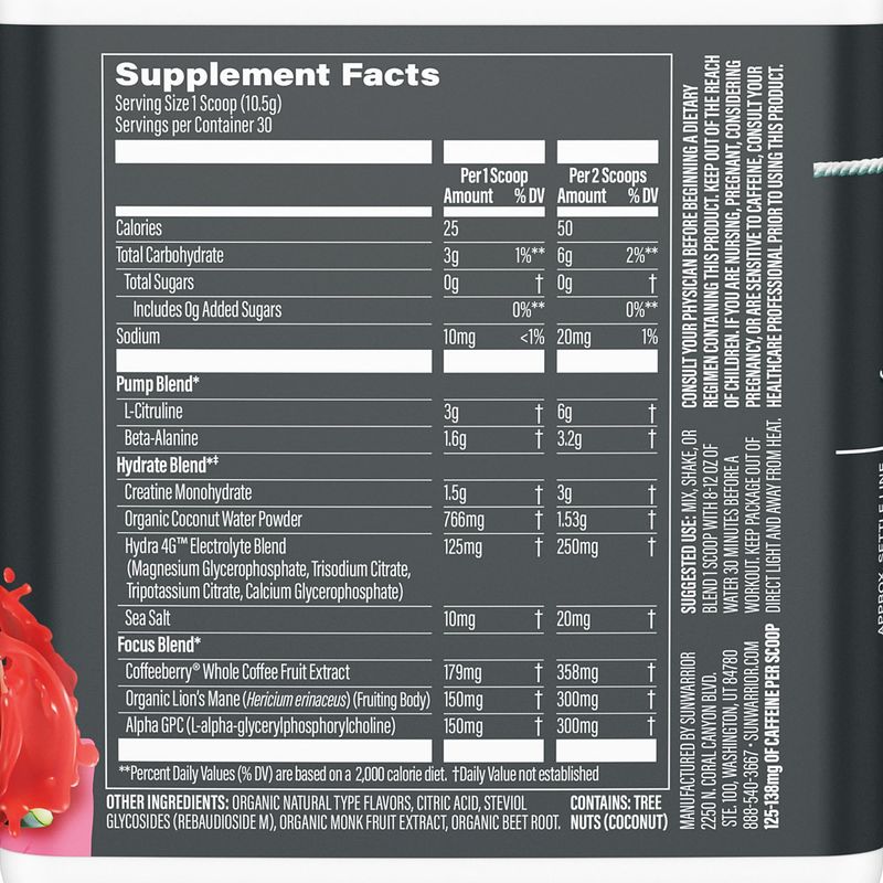 Sunwarrior Pre Workout Powder Energy Drink Vegan Plant-Based Supplement Pump, Hydrate, Focus, Endurance, Strength Builder Watermelon Flavored 30 Servings Active Preworkout
