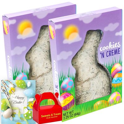 Easter Bunny Solid Milk Chocolate Candy Easter Rabbit Solid Made with Creamy Milk Chocolate For Egg Hunt Deco Basket Stuffer Party Favor Treat Gift Plus Muchai Card 2 Pack Each 2.25 oz, Cookies Cream