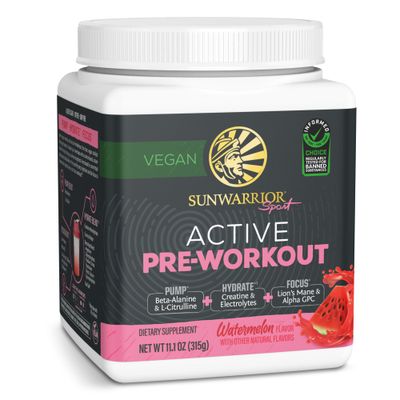 Sunwarrior Pre Workout Powder Energy Drink Vegan Plant-Based Supplement Pump, Hydrate, Focus, Endurance, Strength Builder Watermelon Flavored 30 Servings Active Preworkout