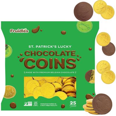 St. Patricks Day 25 Chocolate Coins Gold Shamrock Coins Foils, Belgian Milk Chocolate Clover Coins Bag Nut-Free 25-Pack