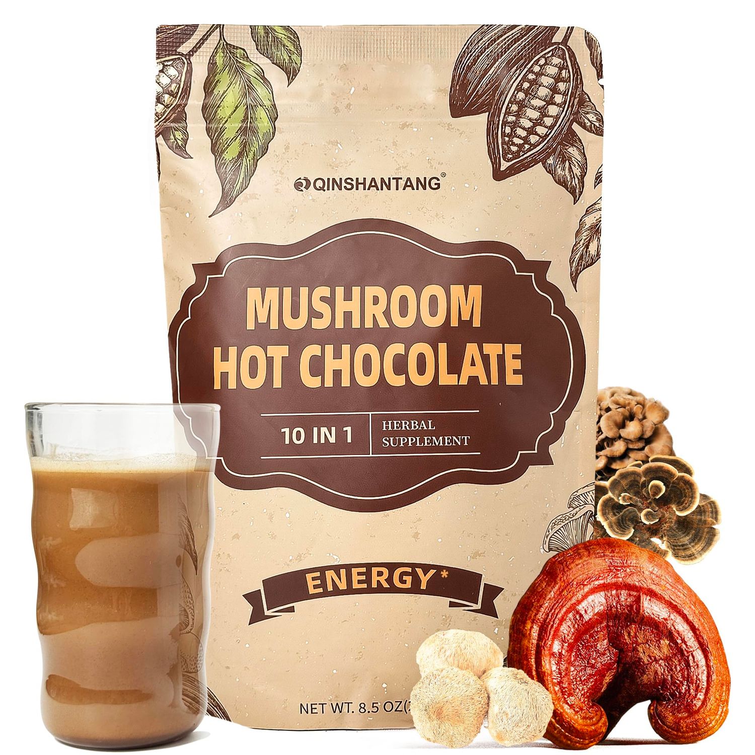 Mushroom Hot Chocolate, Cacao Powder, 8.5 Ounce 10 IN 1 Mushroom Lions Mane, Chaga, Reishi, Maitake and MCT Powder Support Energy, Focus Sugar Free, Vegan, Gluten-Free, 30 Servings