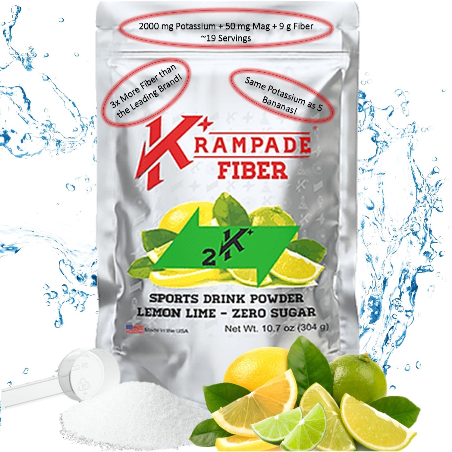 Krampade Fiber Supplement Electrolytes Powder - 9g Prebiotic Fiber 2000mg Potassium Supplement Magnesium Cramp Relief Hydration Packets Digestive Health Support