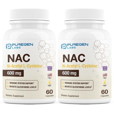 Puregen Labs N-Acetyl-L-Cysteine NAC 600mg, Supports Immune, Respiratory, Liver Health, NAC 600 mg, Potent antioxidant Support, Free-radicals, Easy to Absorb - Total 120 Veggie Capsules