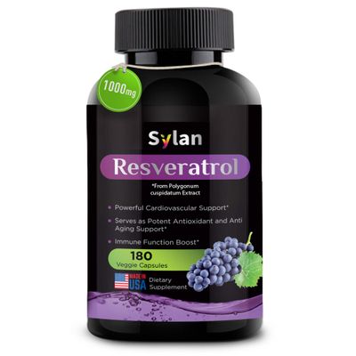 SYLAN Resveratrol Supplement, 1000mg, 180 Veggie Capsules, Antioxidant, Supports Heart, Joint, Brain, Immune Health Anti-Aging, Non-GMO, Made in USA, Resveratrol 500mg Powder per Capsul