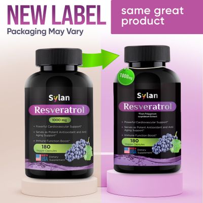 SYLAN Resveratrol Supplement, 1000mg, 180 Veggie Capsules, Antioxidant, Supports Heart, Joint, Brain, Immune Health Anti-Aging, Non-GMO, Made in USA, Resveratrol 500mg Powder per Capsul
