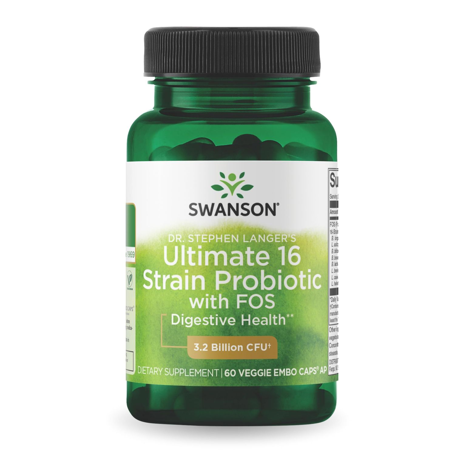 Swanson Dr. Stephen Langers Formula - Natural Probiotic wPrebiotic FOS - 16-Strain Supplement Promoting Digestive Support w 3.2 Billion CFU per Capsule - 60 Veggie Capsules
