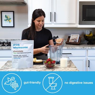 Drink Wholesome Vegan Chocolate Meal Replacement Powder For Sensitive Stomachs Gut Friendly No Artificial Sweeteners No Sucralose No Stevia Low Sodium Paleo Safe For Kids Seniors