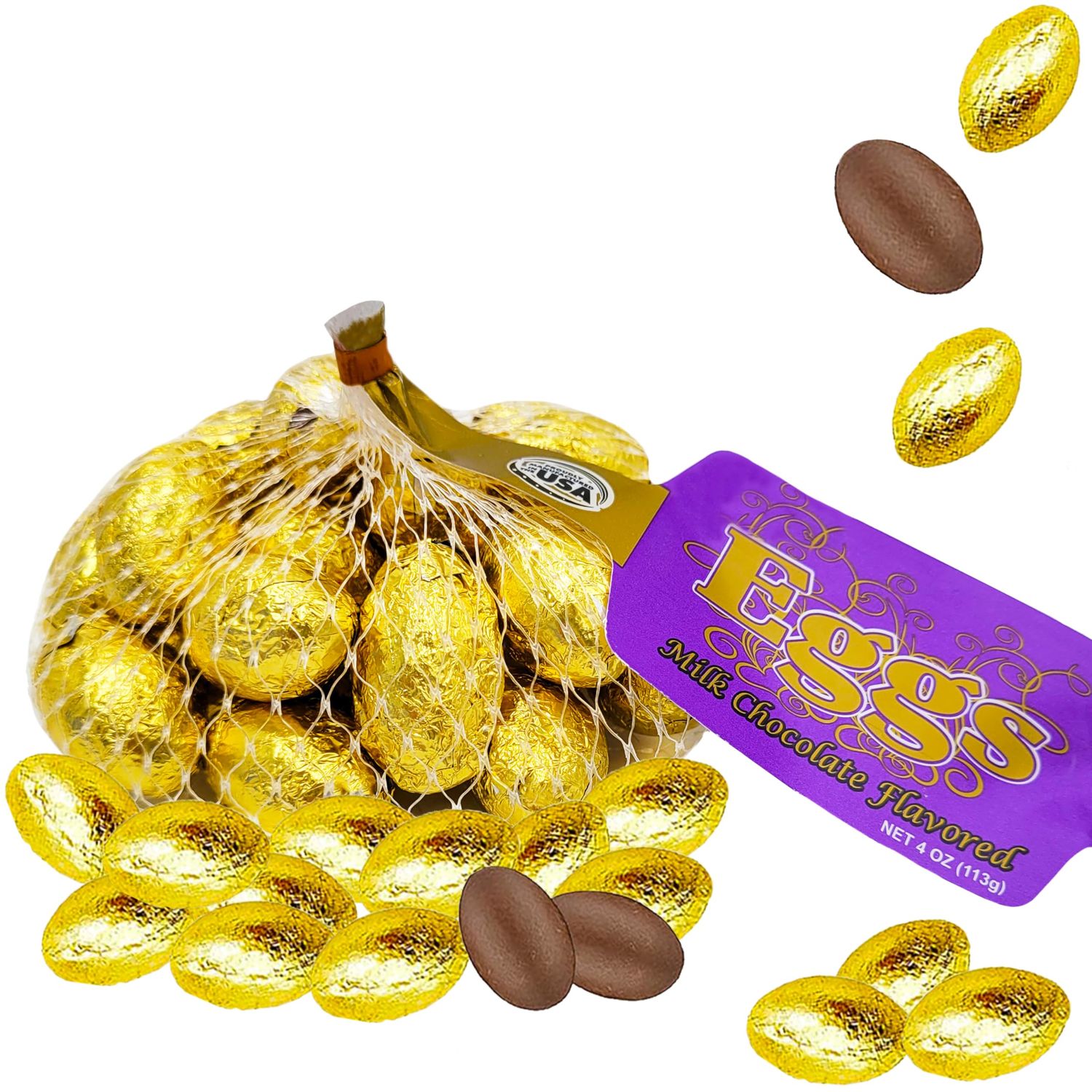 Fruidles Easter Gold Foiled Eggs Milk Chocolate Mesh Bags, Easter Day Eggs, Party Bag Fillers, Individually Wrapped Foils, Kosher Certified Dairy, 4 Oz 2-Pack
