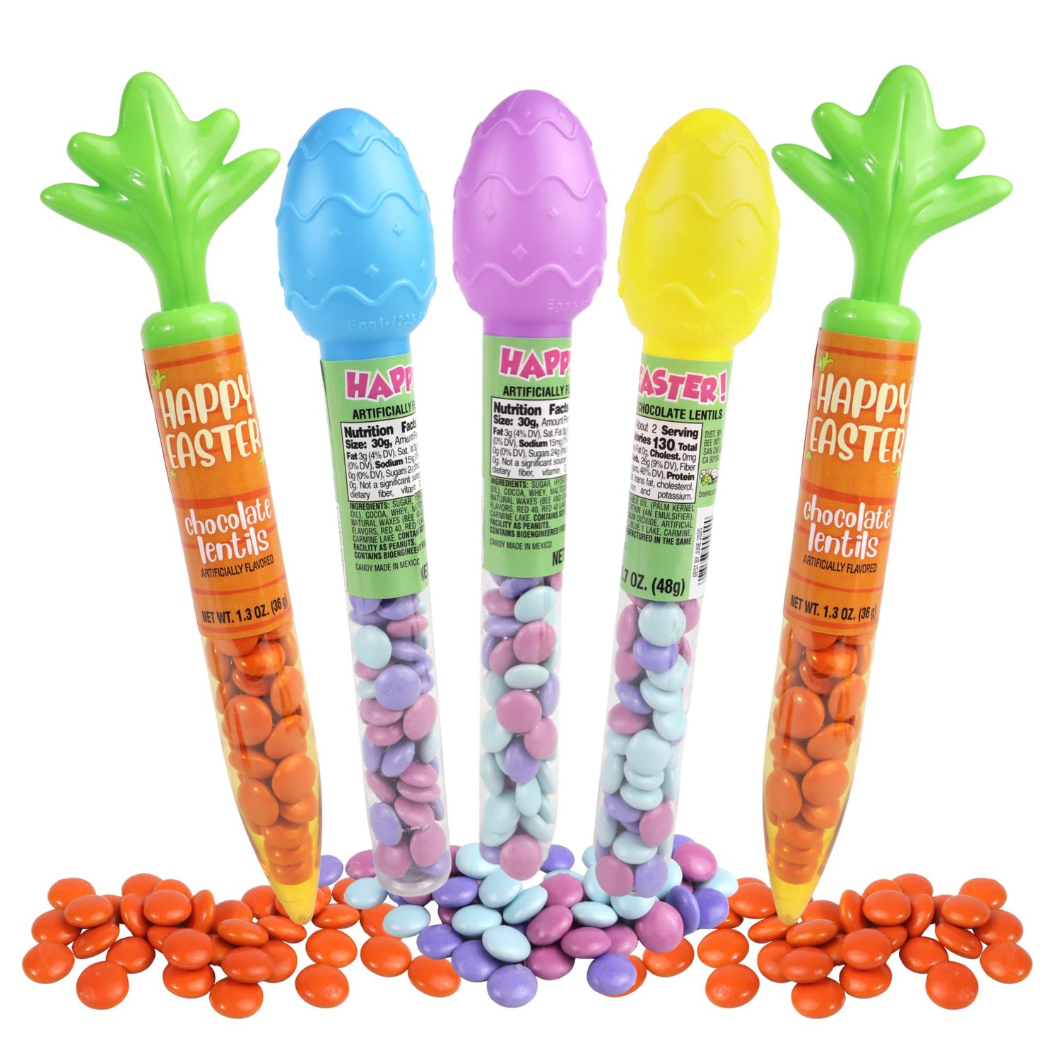 2025 Easter Candy and Carrot Tubes with Chocolate Lentils, Festive Basket Stuffers, Topper Colors Will Vary, 1.3 and 1.7 Ounces Pack of 5