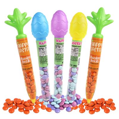 2025 Easter Candy and Carrot Tubes with Chocolate Lentils, Festive Basket Stuffers, Topper Colors Will Vary, 1.3 and 1.7 Ounces Pack of 5