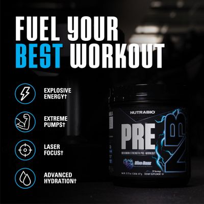 NutraBio PRE Workout Powder - New Formula- Sustained Energy, Mental Focus, Endurance - Beta Alanine, Caffeine, Electrolytes - 20 Servings - Blue Razz