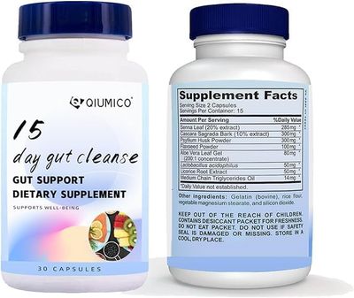 QIUMICO 15 Day Gut Cleanse - Gut and Colon Support, Dietary Supplement, Bowel Dissolving Capsules, with Senna, Cascara Sagrada Psyllium Husk, to Break The Plateau