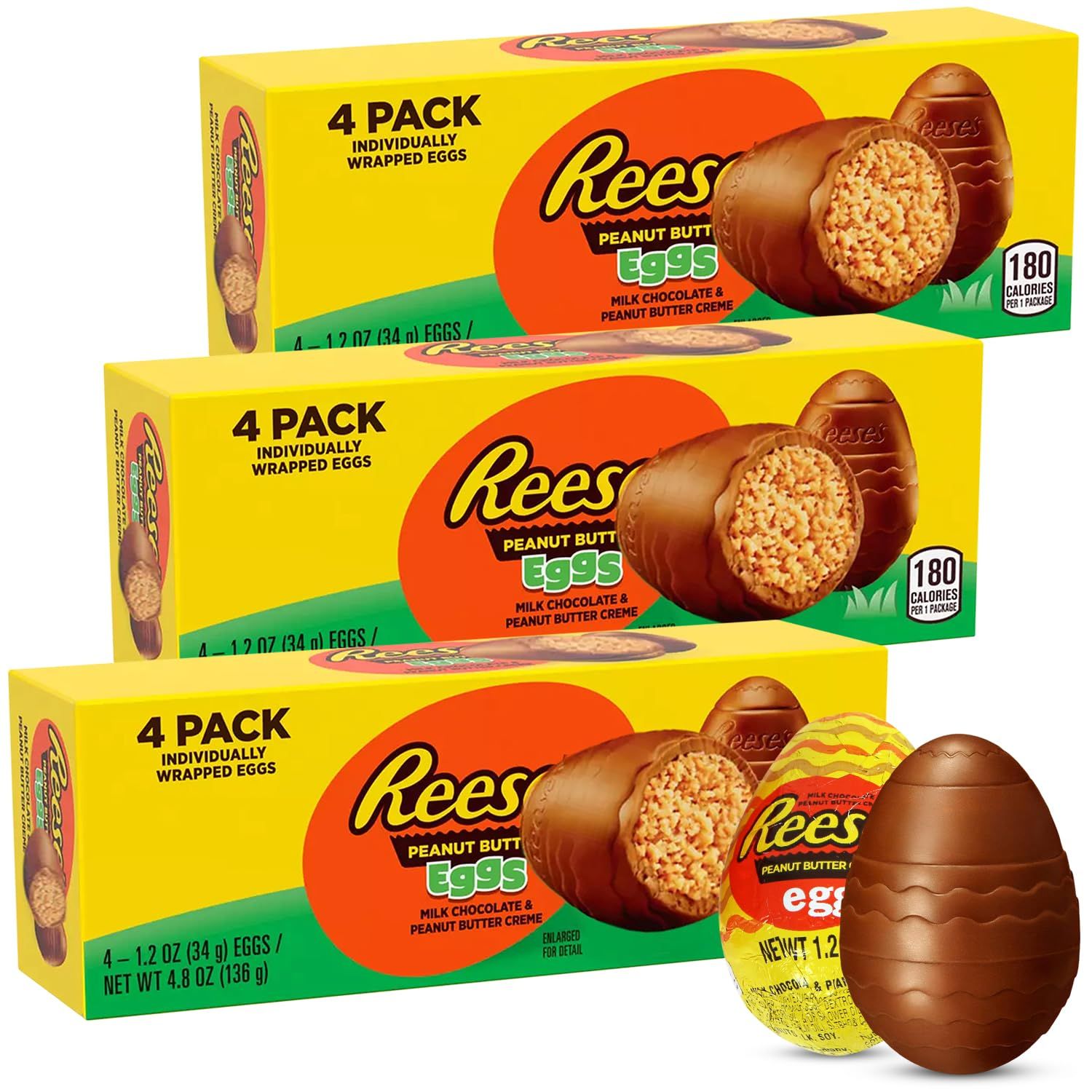 Milk Chocolate Peanut Butter Eggs Creme Filled Easter Chocolate Candy, 1.2 oz Egg-Shaped Treats 4 Pieces Per Box, 3 Pack - Great for Egg Hunt, Seasonal Holiday Sweets for Basket Stuffers Snacking