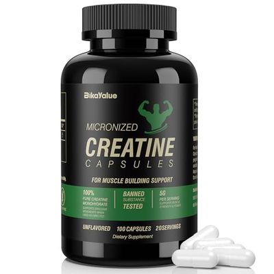 BIKAYALUE Micronized Creatine Monohydrate Capsules, Creatine Capsules Supplement for Muscle, Strength, Performance, Energy, Recovery, Gluten Free Creatine for Women and Men, 100Capsules 20 Servings