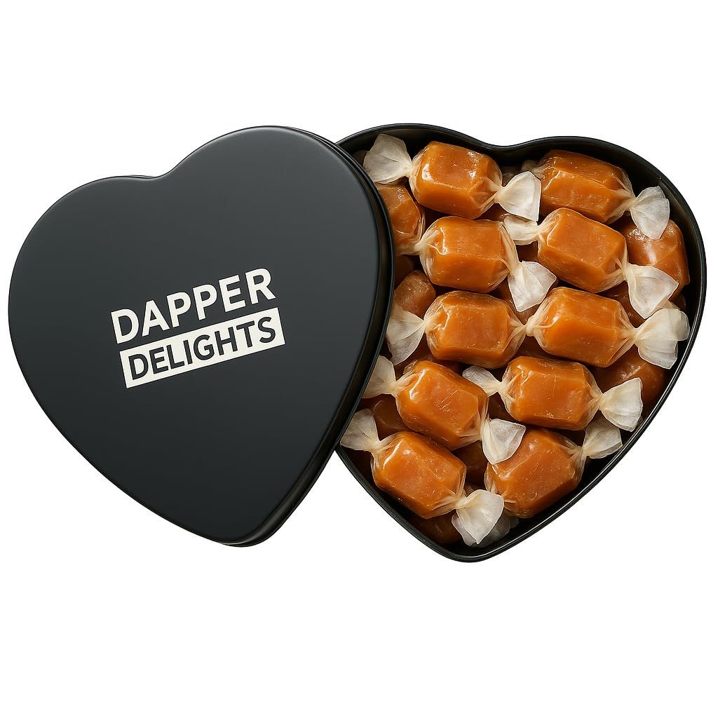 Scotch Whiskey Caramels - Heart Tin - Him Her, Premium Salted Caramel, Chocolate Candy Dapper Delights Gourmet Collection, Love Basket for Men, Boyfriend, Husband, Dad
