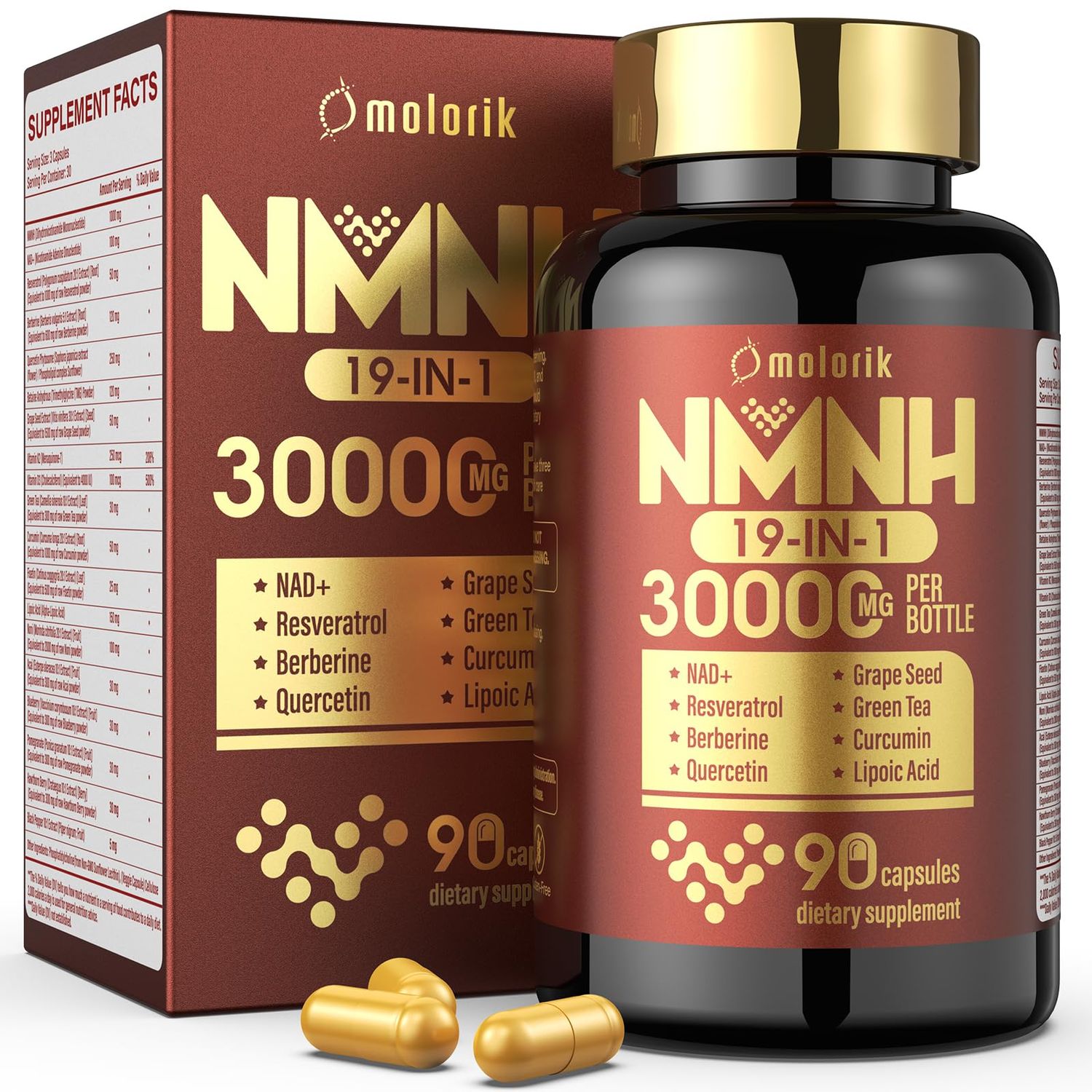 molorik 19 in 1 NMNH Dihydronicotinamide Mononucleotide 1000mg Per Serving, NAD Supplement Boost NAD, NAD Resveratrol Supplement with Quercetin, Berberine for Healthy Aging, Energy, 90 Capsule
