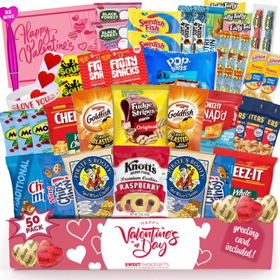 Valentine&#39;s Day Care Package (50ct) Snacks Chocolates Candy Gift Box Assortment Variety Bundle Crate Present for Boy Girl Friend Student College Child Husband Wife Boyfriend Girlfriend Love Niece