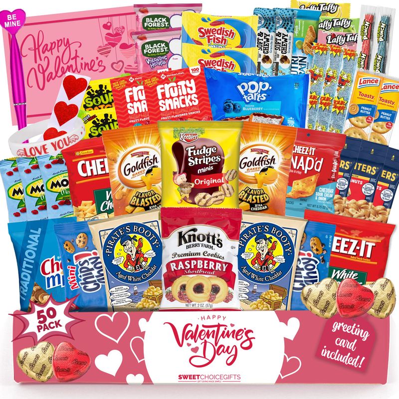 Valentine's Day Care Package (50ct) Snacks Chocolates Candy Gift Box Assortment Variety Bundle Crate Present for Boy Girl Friend Student College Child Husband Wife Boyfriend Girlfriend Love Niece