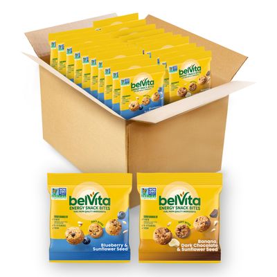 belVita Energy Snack Bites Variety Pack, Banana Dark Chocolate &amp; Sunflower Seed, Blueberry &amp; Sunflower Seed, 15 Snack Packs