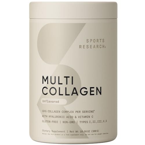 Sports Research Multi Collagen Protein Powder (Type I, II, III, V, X) with Hyaluronic Acid  Vitamin C  5 Types of Food Based Collagen, 30 Servings (Unflavored)