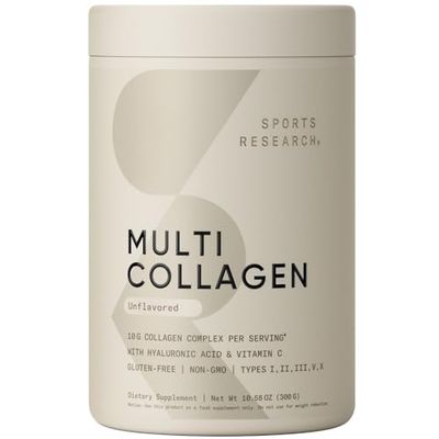 Sports Research Multi Collagen Protein Powder (Type I, II, III, V, X) with Hyaluronic Acid  Vitamin C  5 Types of Food Based Collagen, 30 Servings (Unflavored)
