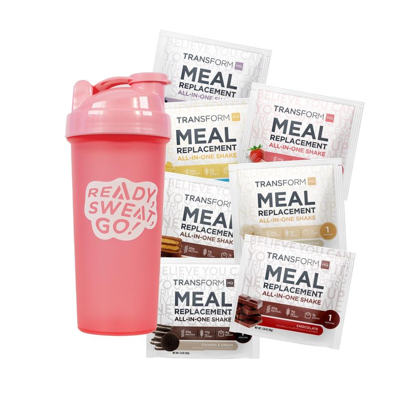 TransformHQ Meal Replacement Shake Variety Box With Shaker, 7 Single-Serving Shake Packs