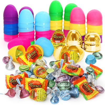 Easter Candy With Fillable Plastic Eggs Set - 24 Count Assorted Easter Egg Hunt Treats - Plastic Eggs with Candy to Fill In - For Baskets, Classroom Activity Party Favors