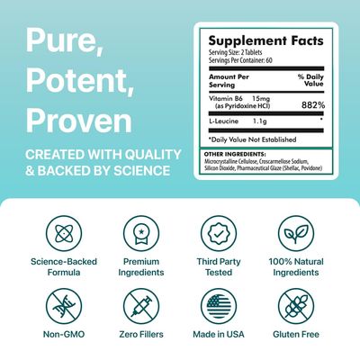LEUSIX Leucine Vitamin B6 Supplement - Patented Formula for Energy, Metabolism Weight Management 120 Tablets, 1-Month Supply