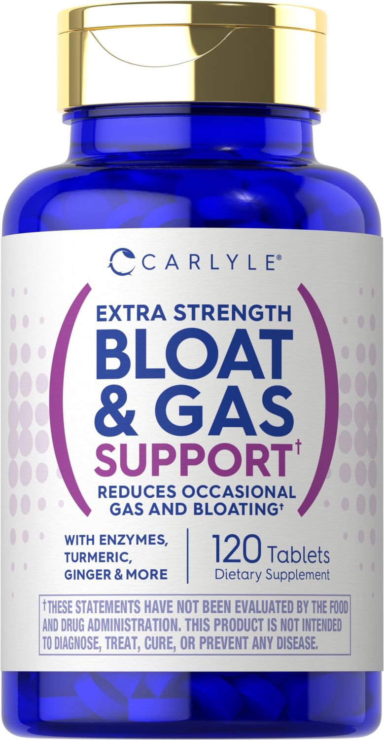 Carlyle Bloat Gas Support for Men Women 120 Tablets Extra Strength Pills Supplement with Enzymes, Turmeric, Ginger More Non-GMO Vegetarian Formula