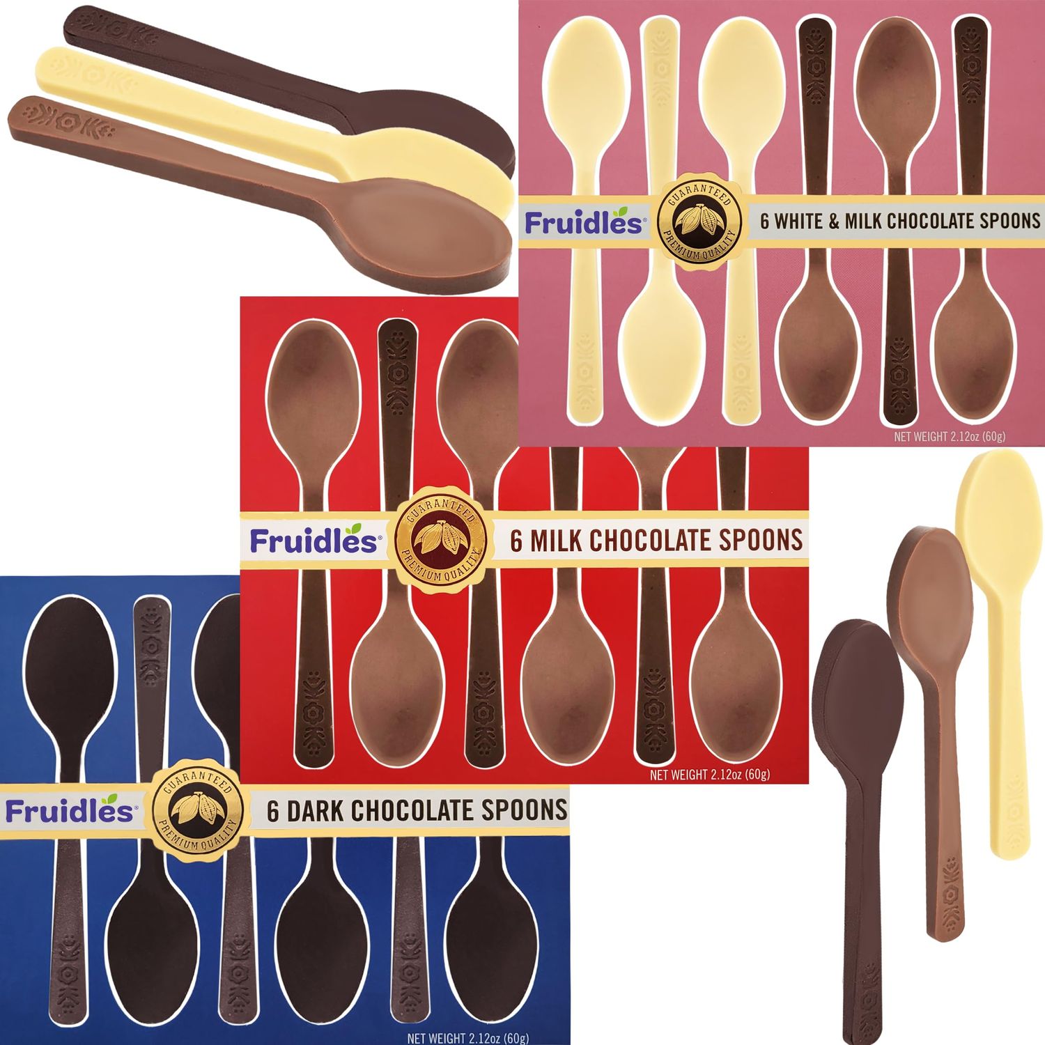 Fruidles Chocolate Spoons, Dark, Milk and White Hot Chocolate Stirring Edible Spoons, Gourmet Cocoa Edible Spoon Stirrers, Non-GMO, 2.12 Oz 6 Spoons per Box 3-Pack Variety