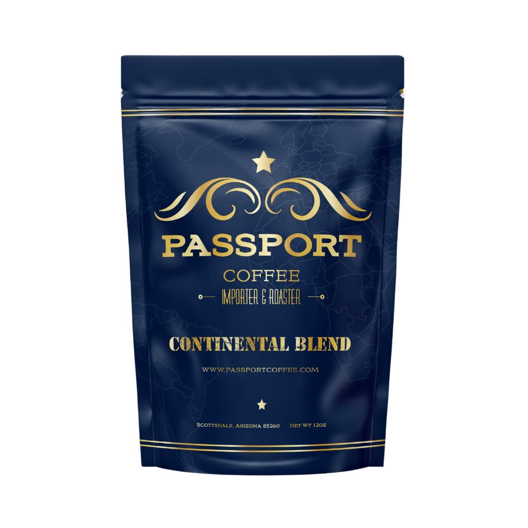 Passport Coffee Continental Blend - Medium roast blend. Flavor notes of rich chocolate, smooth caramel, floral citrus. Premium whole bean coffee from iconic regions, 12oz Bag
