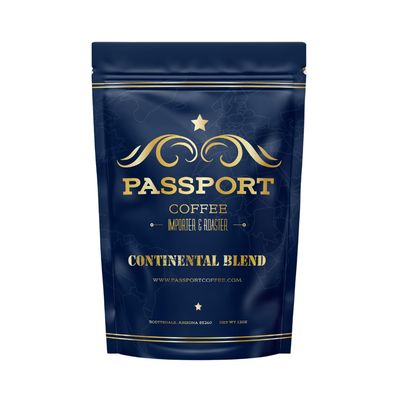 Passport Coffee Continental Blend - Medium roast blend. Flavor notes of rich chocolate, smooth caramel, floral citrus. Premium whole bean coffee from iconic regions, 12oz Bag