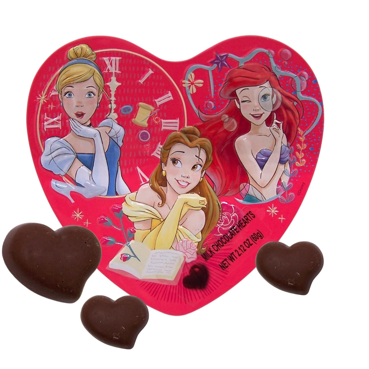 Disney Princess Valentines Day Heart Tin, Individually Wrapped Milk Chocolate Hearts with Reusable Container, 2.12 Ounces
