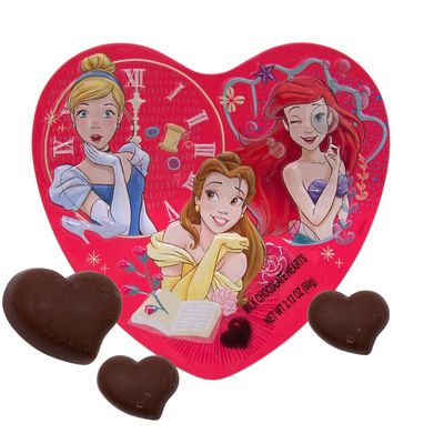 Disney Princess Valentines Day Heart Tin, Individually Wrapped Milk Chocolate Hearts with Reusable Container, 2.12 Ounces