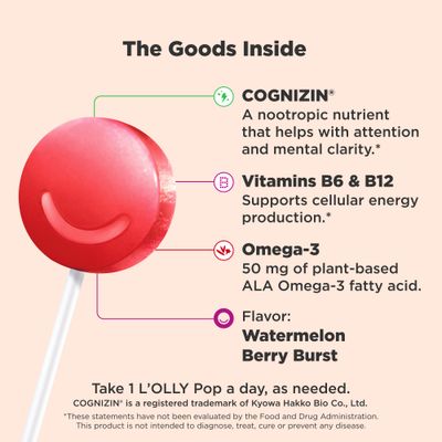 OLLY Focus Buddies L OLLY Pops, Omega-3 ALA, B6, B12, Cognizin , Kids Supplement Lollipops to Supports Focused Attention Healthy Brain Function, Vegetarian, Watermelon Strawberry, 25 Count
