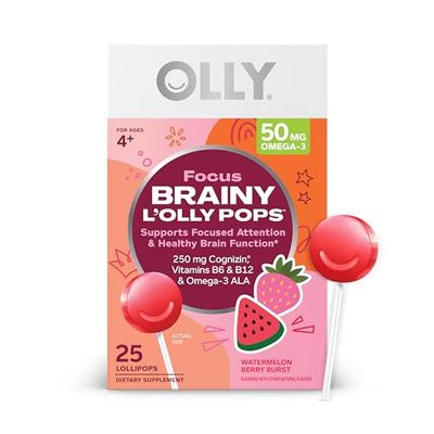 OLLY Focus Buddies L OLLY Pops, Omega-3 ALA, B6, B12, Cognizin , Kids Supplement Lollipops to Supports Focused Attention Healthy Brain Function, Vegetarian, Watermelon Strawberry, 25 Count
